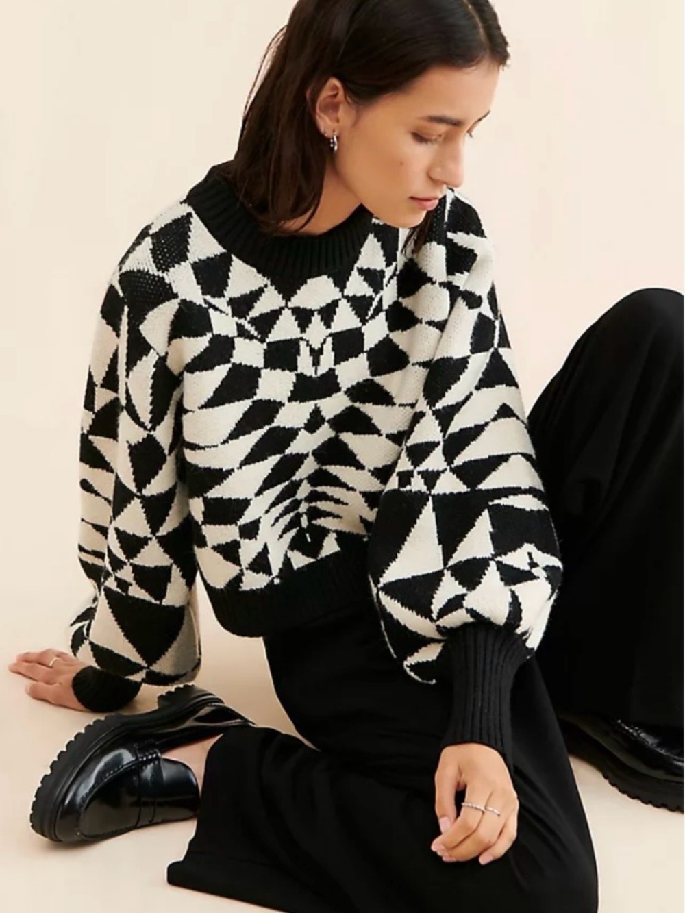 Farm Rio Deco Geometric Knit Black White Balloon Sleeve Sweater size medium